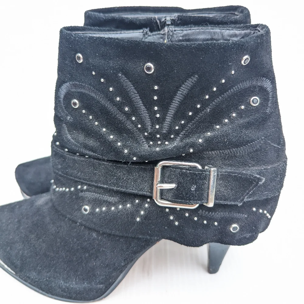 MIRANDA Miranda Lambart jeweled embroidered black suede heeled ankle booties